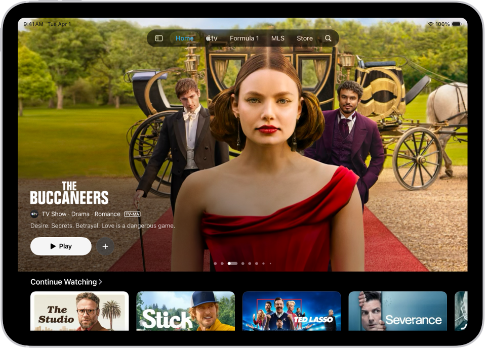 The Home tab showing a featured Apple Original in the center, above the Continue Watching row. At the top of the screen, from left to right, are the Home, Apple TV, MLS, Store, Recent Purchases, and Search tabs.