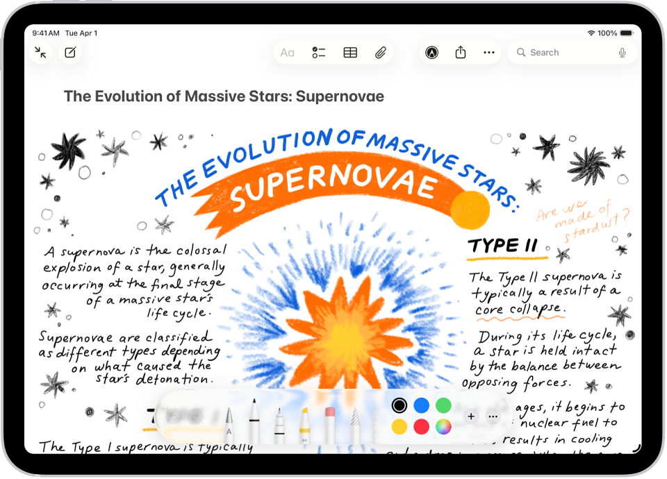 A note showing a drawing and Markup tools along the bottom of the screen.