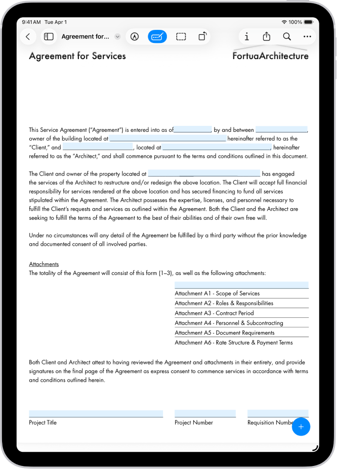 A screen showing a PDF form in the Preview app with fillable fields highlighted. At the bottom of the screen are the Add Annotation, Markup, AutoFill, Crop, Info, Share, and Search buttons. The AutoFill button is selected.