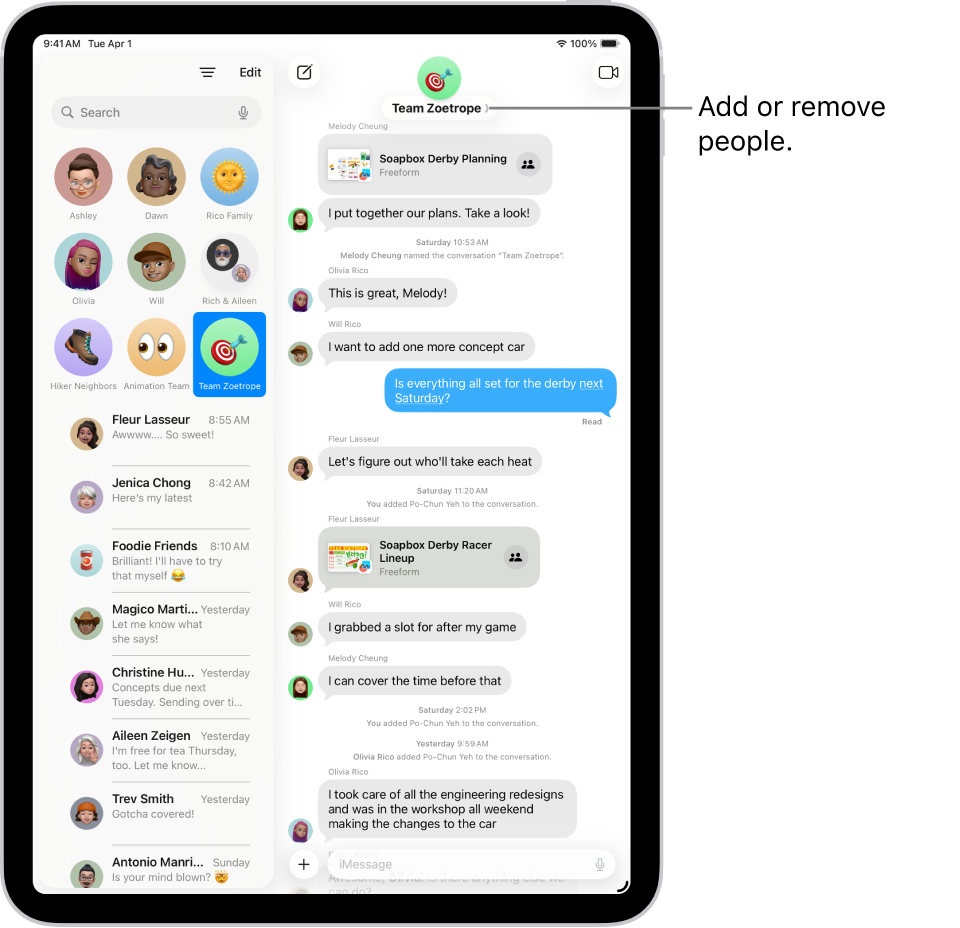 A group conversation in Messages on iPad. On the left, a pinned conversation is selected in a list of conversations. On the right, there is a conversation transcript that includes shared files.
