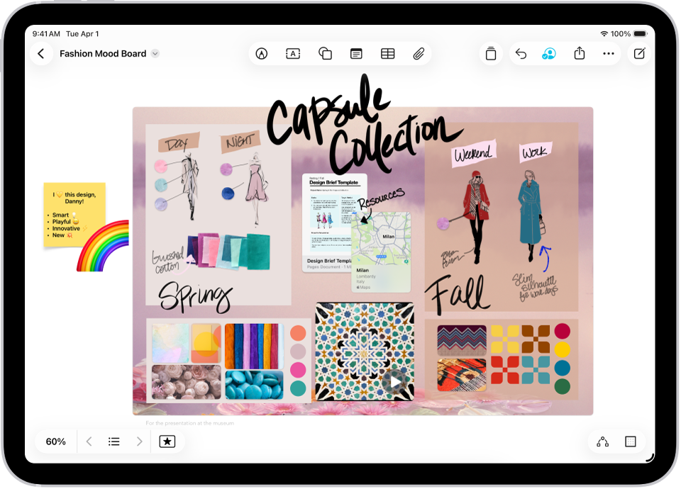 An iPad with the Freeform app open. The board includes handwriting, text, drawings, shapes, photos, videos, sticky notes, links, and other files.