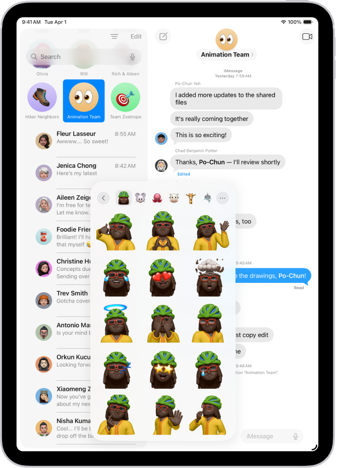 A menu open in a Messages conversation showing a Memoji in many different poses.
