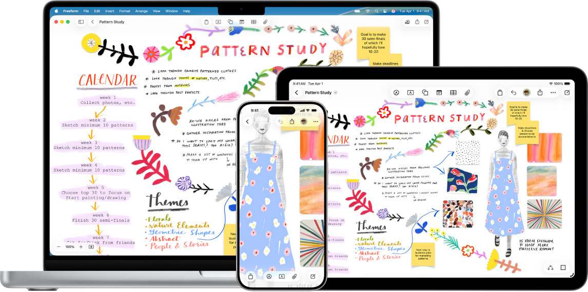 A Mac, iPad, and iPhone with the same Freeform board open.