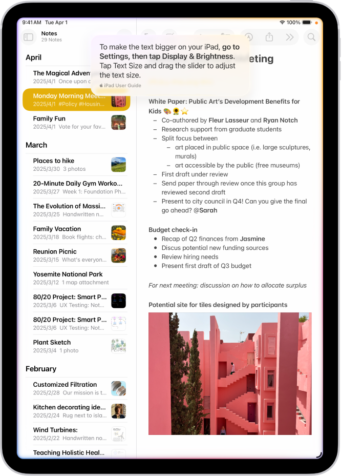 An iPad showing a note in the Notes app and Siri-provided steps for how to make text bigger.