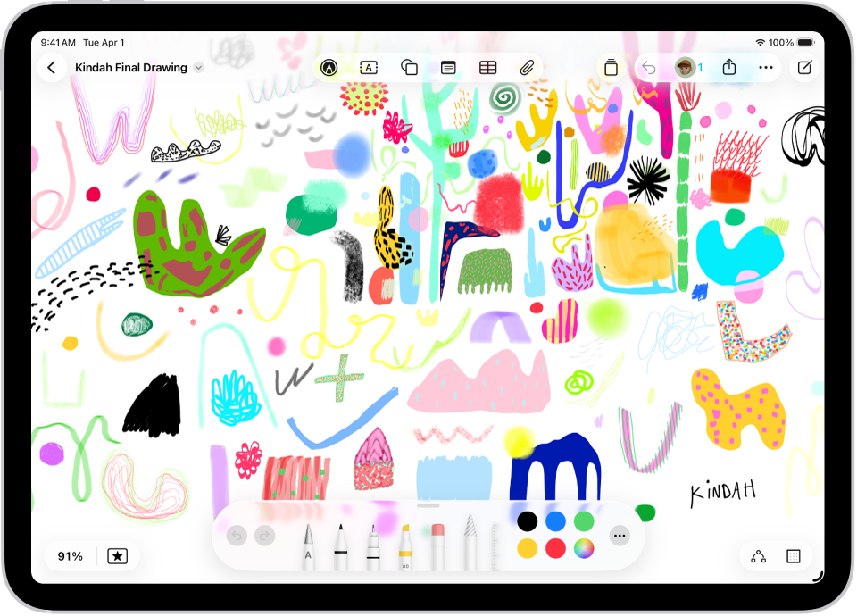 An iPad with a Freeform board that includes handwriting and drawings.