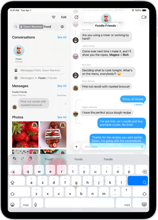 The search field in the Messages app. The search field contains a tag limiting the search to photos sent by one person and a search term.