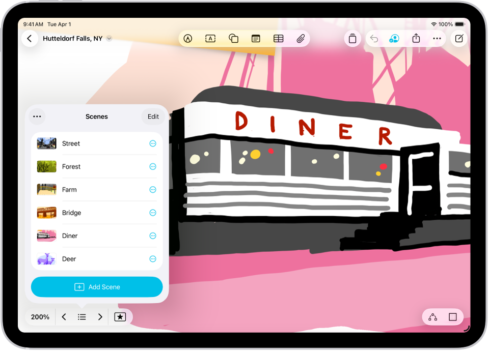 A Freeform board with the Scene Navigator open and several saved scenes.