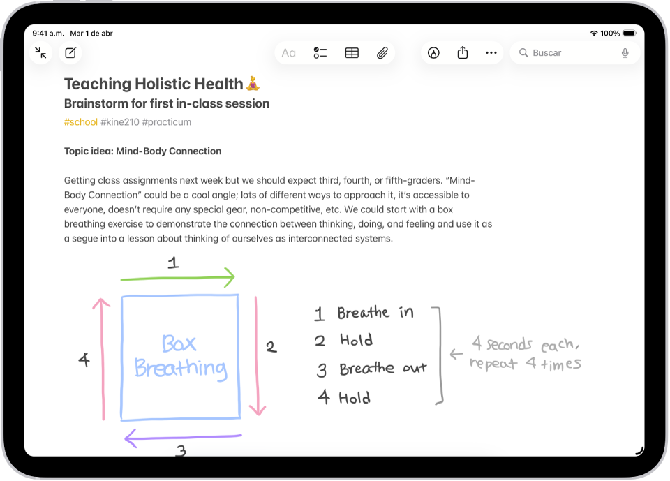 Una nota de una lluvia de ideas de una clase, con etiquetas como #escuela y #kine210. La nota incluye un diagrama dibujado a mano de un ejercicio de respiración cuadrada, que ilustra un ciclo respiratorio de cuatro pasos.