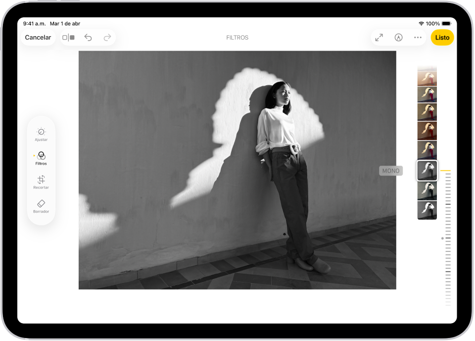 Pantalla de edición en la app Fotos con una foto en el centro. En la parte izquierda de la pantalla están los botones Ajustar, Filtros y Recortar; el botón Filtros está seleccionado. En el lado derecho de la pantalla están las opciones de filtro y un regulador para ajustar el nivel del efecto de filtro.