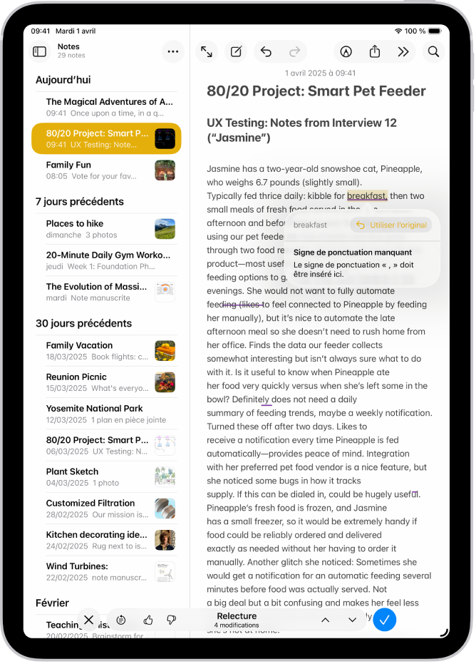 Un iPad affichant du texte qui est modifié afin de corriger des erreurs grammaticales dans l’app Notes.