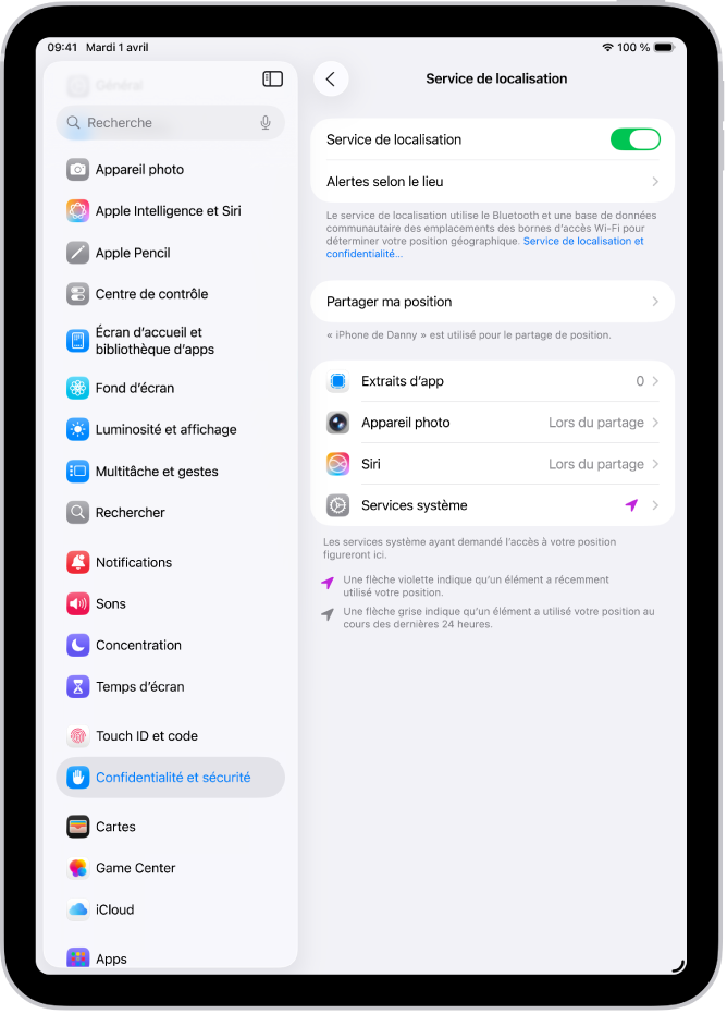 L’écran « Services de localisation », avec des réglages permettant de partager la position de votre iPad avec des apps.