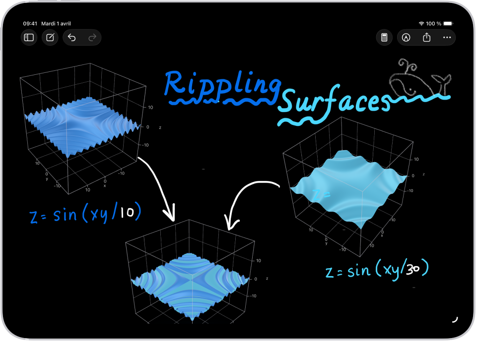Des notes mathématiques dans Calculatrice sur l’iPad, avec deux équations à trois variables et leur graphique 3D correspondant, ainsi qu’un troisième graphique combinant les deux premiers.