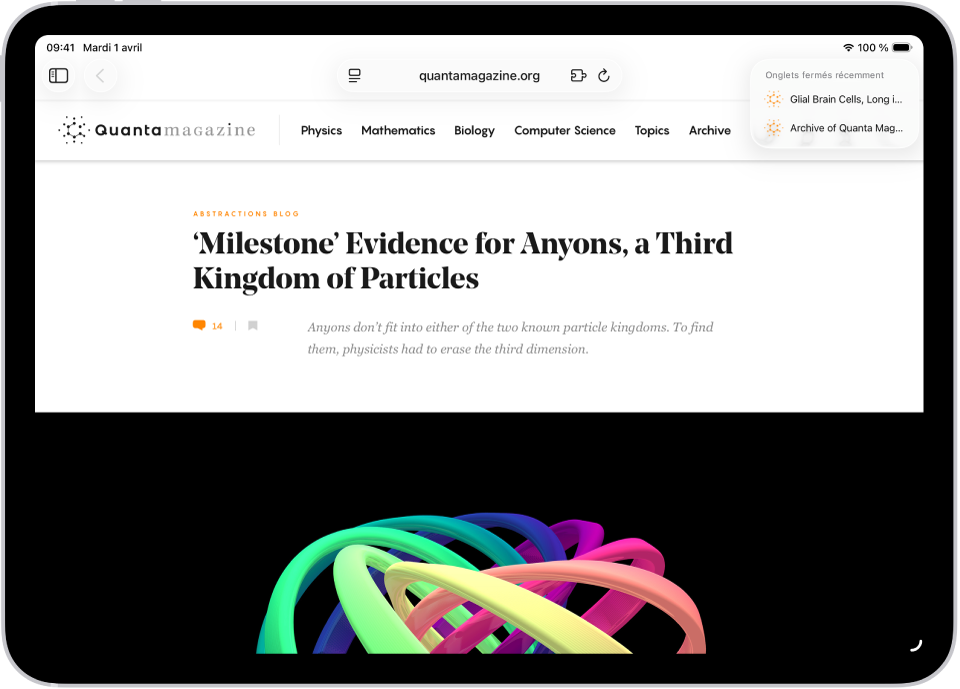 Dans Safari, une page web est ouverte. En haut à droite de l’écran, le bouton « Nouvel onglet » est sélectionné, et une liste de deux onglets récemment fermés est visible.