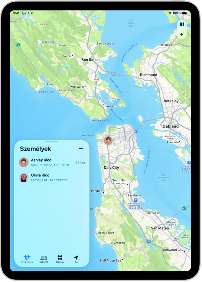 A Lokátor képernyője, amelyen a Személyek lista van megnyitva. A listán négy személy neve látható: Róbert Anita, Róbert Olívia, Balogh Erzsébet és Róbert Péter. Az eszközök helyzete San Francisco térképén látható.