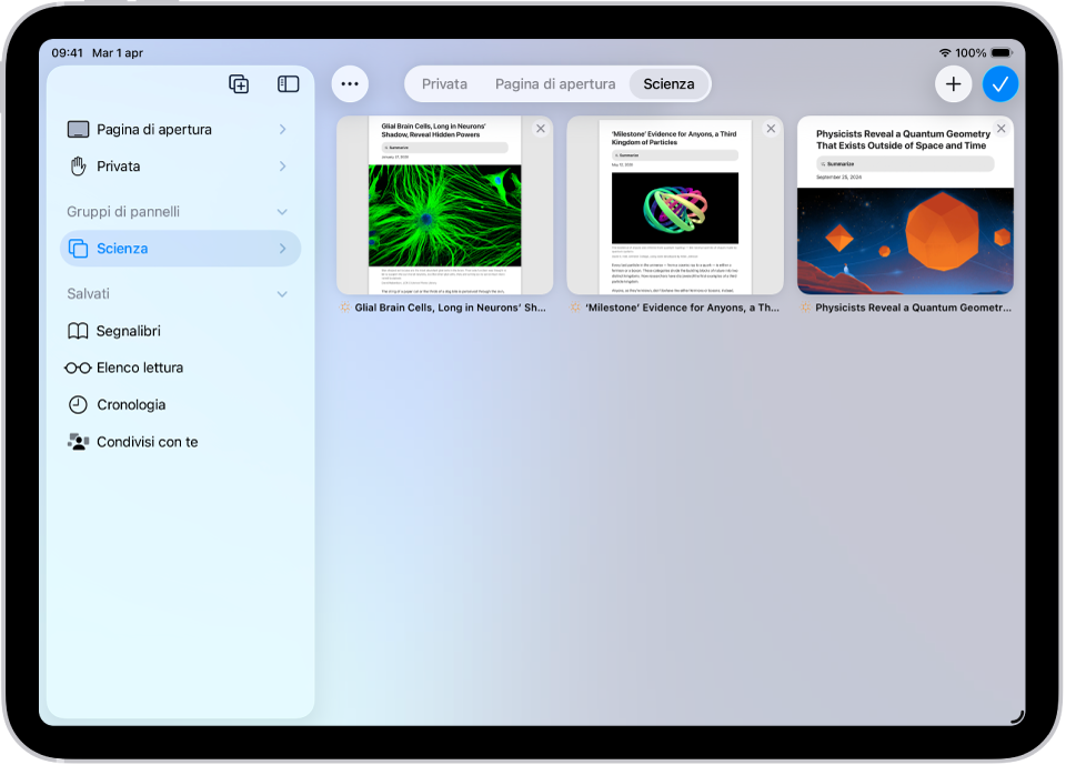 In Safari è selezionato un gruppo di pannelli con pagine di argomento scientifico e le anteprime dei tre pannelli che contiene.