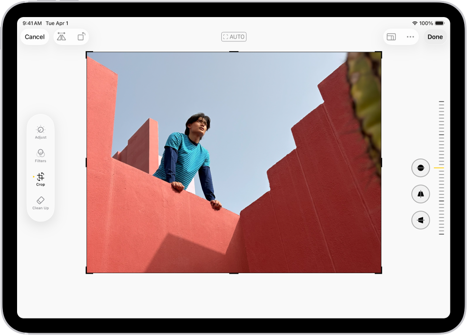 Programos „Nuotraukos“ ekrano „Redaguoti“ centre rodoma nuotrauka. Kairėje ekrano pusėje yra mygtukai „Koreguoti“, „Filtrai“ ir „Apkarpyti“; pasirinktas mygtukas „Apkarpyti“. Dešinėje ekrano pusėje yra apkarpymo tobulinimo parinktys ir slankiklis, kurį naudojant galima koreguoti efekto lygį.
