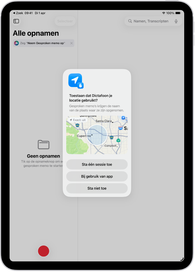 Een verzoek van een app om locatiegegevens op de iPad te mogen gebruiken. De opties zijn 'Sta één sessie toe', 'Bij gebruik van app' en 'Sta niet toe'.