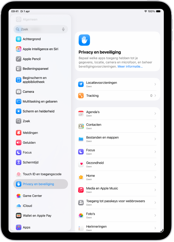 De instellingen voor 'Locatievoorzieningen', met opties voor het delen van de locatie van je iPad en aangepaste instellingen voor afzonderlijke apps.