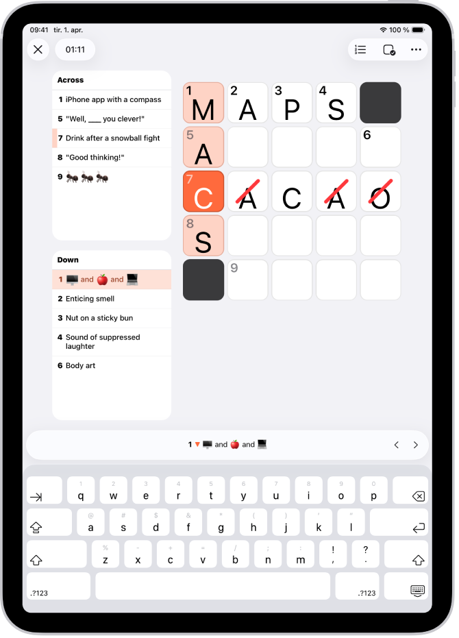 Et delvis utfylt minikryssord med hint på hver side.