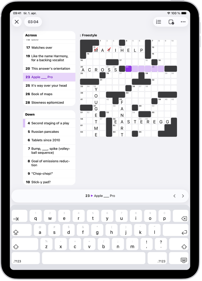 Et delvis utfylt kryssord med hint på venstre side.