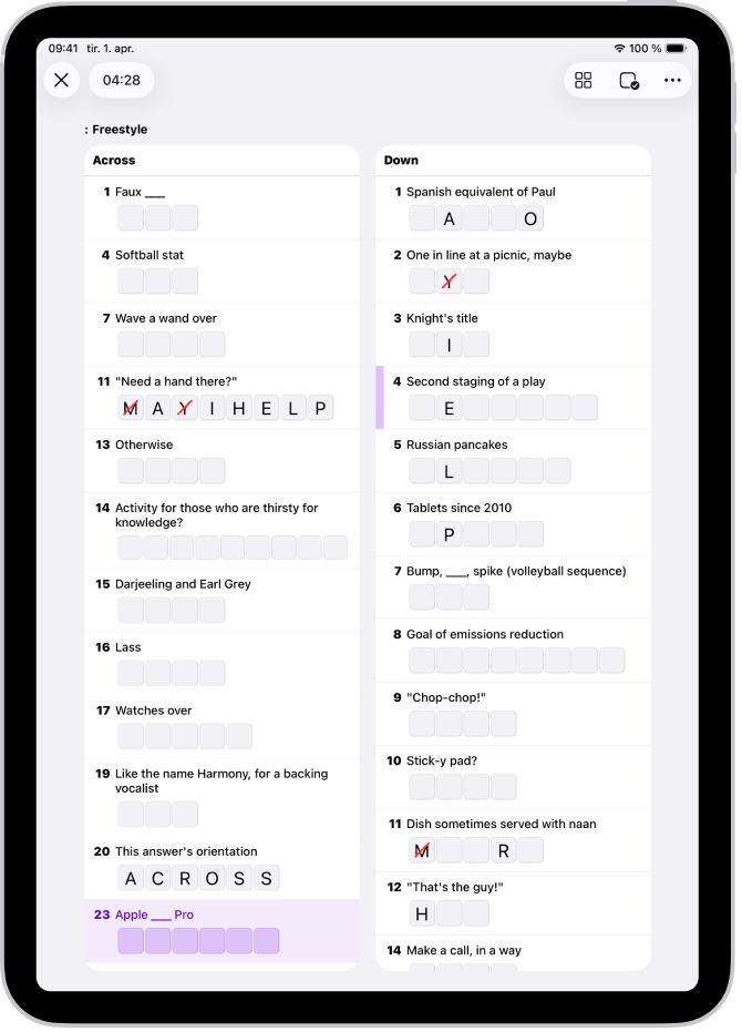 Et delvis utfylt kryssord i listevisning.