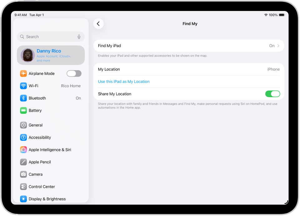 ଖୋଜାଖୋଜି iPad ଏବଂ “ମୋ ଲୋକେଶନ୍ ଶେୟର୍ କରନ୍ତୁ” ଚାଲୁ କରିବା ପାଇଁ ସ୍କ୍ରୀନ୍ ବିକଳ୍ପ ସହିତ ଖୋଜାଖୋଜି ଆପ୍ ପାଇଁ ସେଟିଂସ୍ ଦେଖାଉଛି।