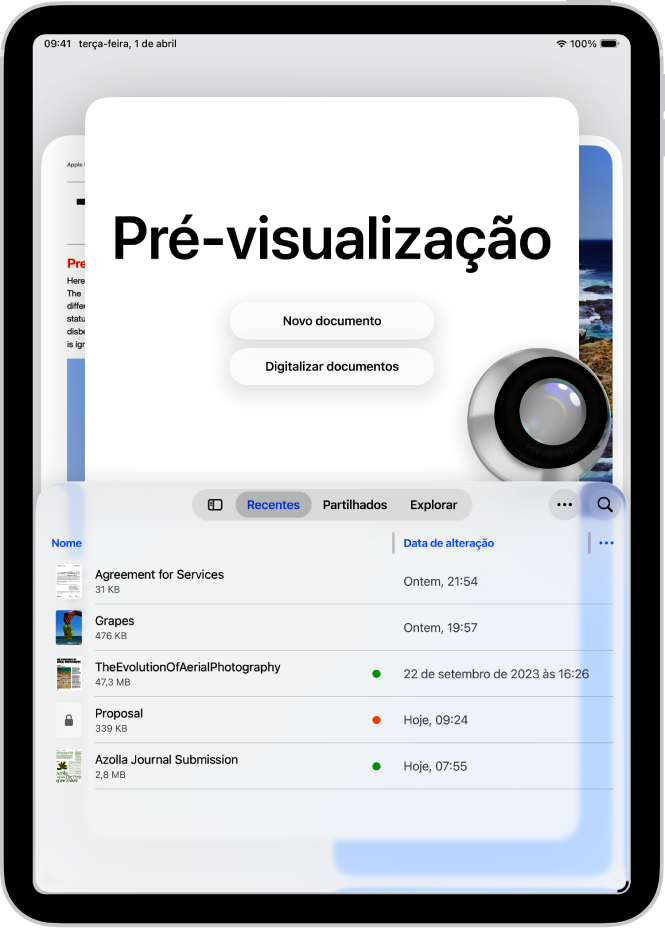 O ecrã principal da aplicação Pré-visualização a mostrar ficheiros PDF e imagens. Na parte inferior do ecrã estão os separadores Recentes, Partilhado e Explorar.