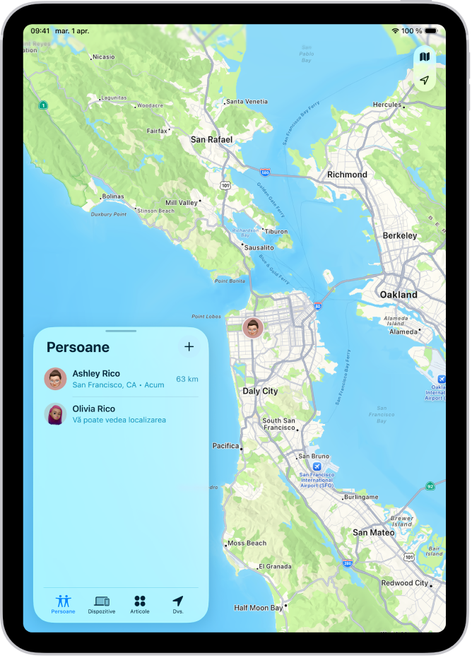 Ecranul Găsire deschis în lista Persoane. Există patru persoane în listă: Maria Raicu, Olivia Raicu, Dana Zamfirescu și Adrian Raicu. Localizările lor sunt afișate pe o hartă a orașului San Francisco.