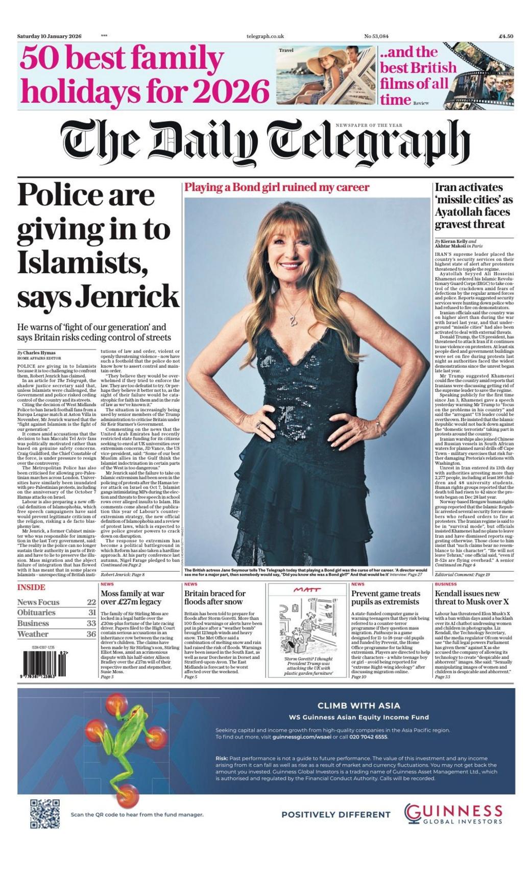 The headline on the front page of the Telegraph reads: “Police are giving in to Islamists, says Jenrick”.