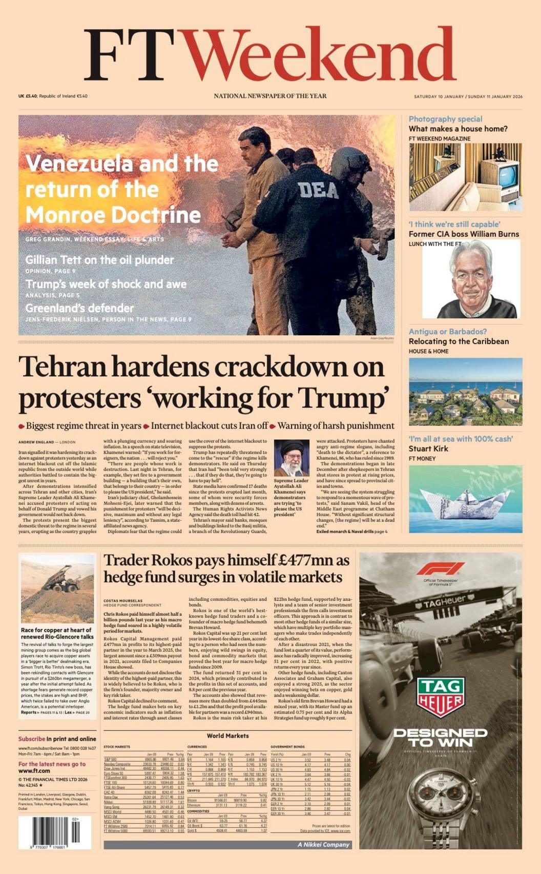 The headline on the front page of the Financial Times reads: “Tehran hardens crackdown on protesters 'working for Trump'”.