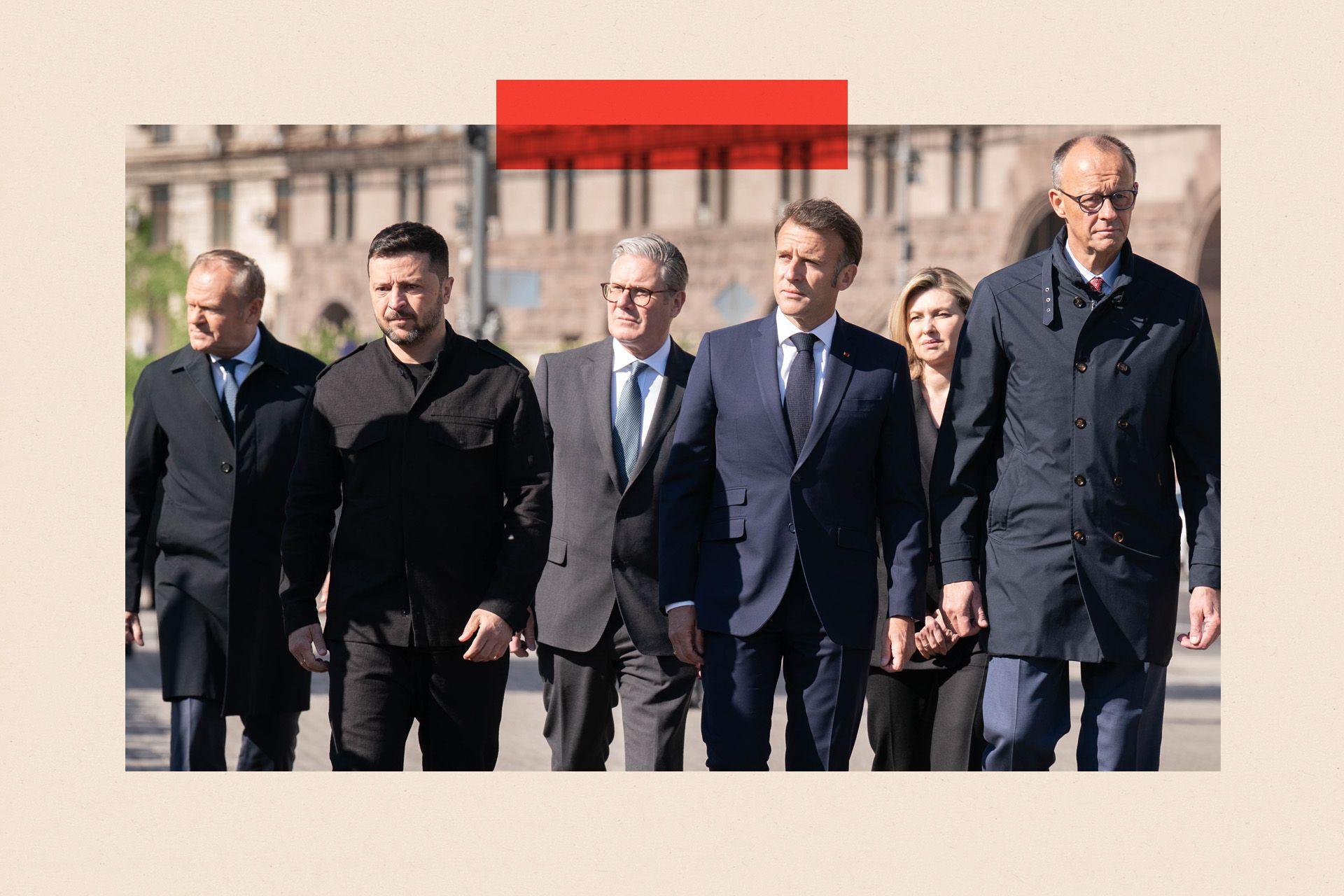 (left to right) Poland's Prime Minister Donald Tusk, Ukrainian President Volodymyr Zelensky, British Prime Minister Sir Keir Starmer, French President Emmanuel Macron, Ukrainian President Volodymyr Zelensky's wife Olena Zelenska and German Chancellor Friedrich Merz in Maidan Square in Kyiv