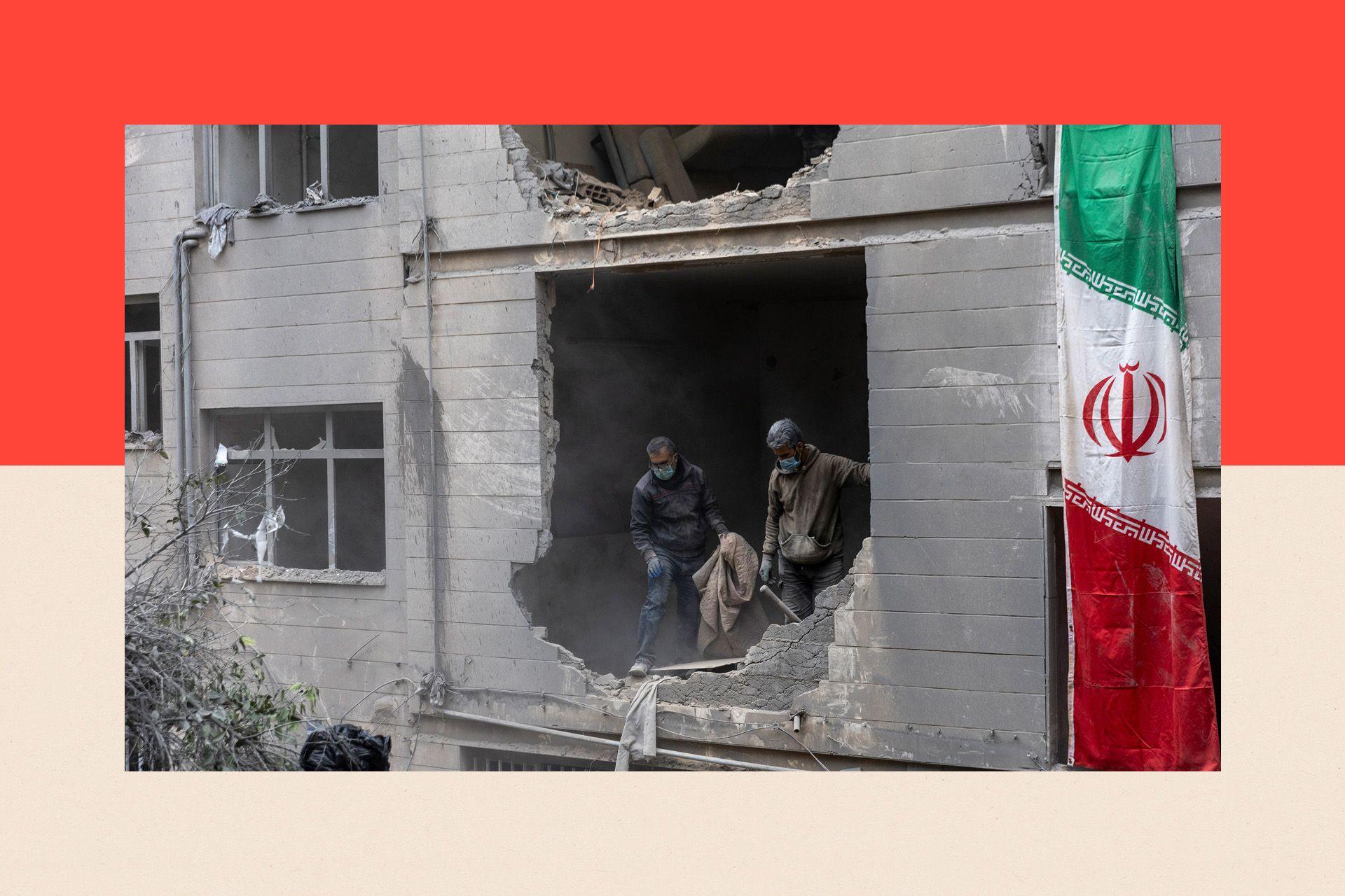 People clear rubble in a house in the Beryanak District after it was damaged by missile attack in Tehran, Iran