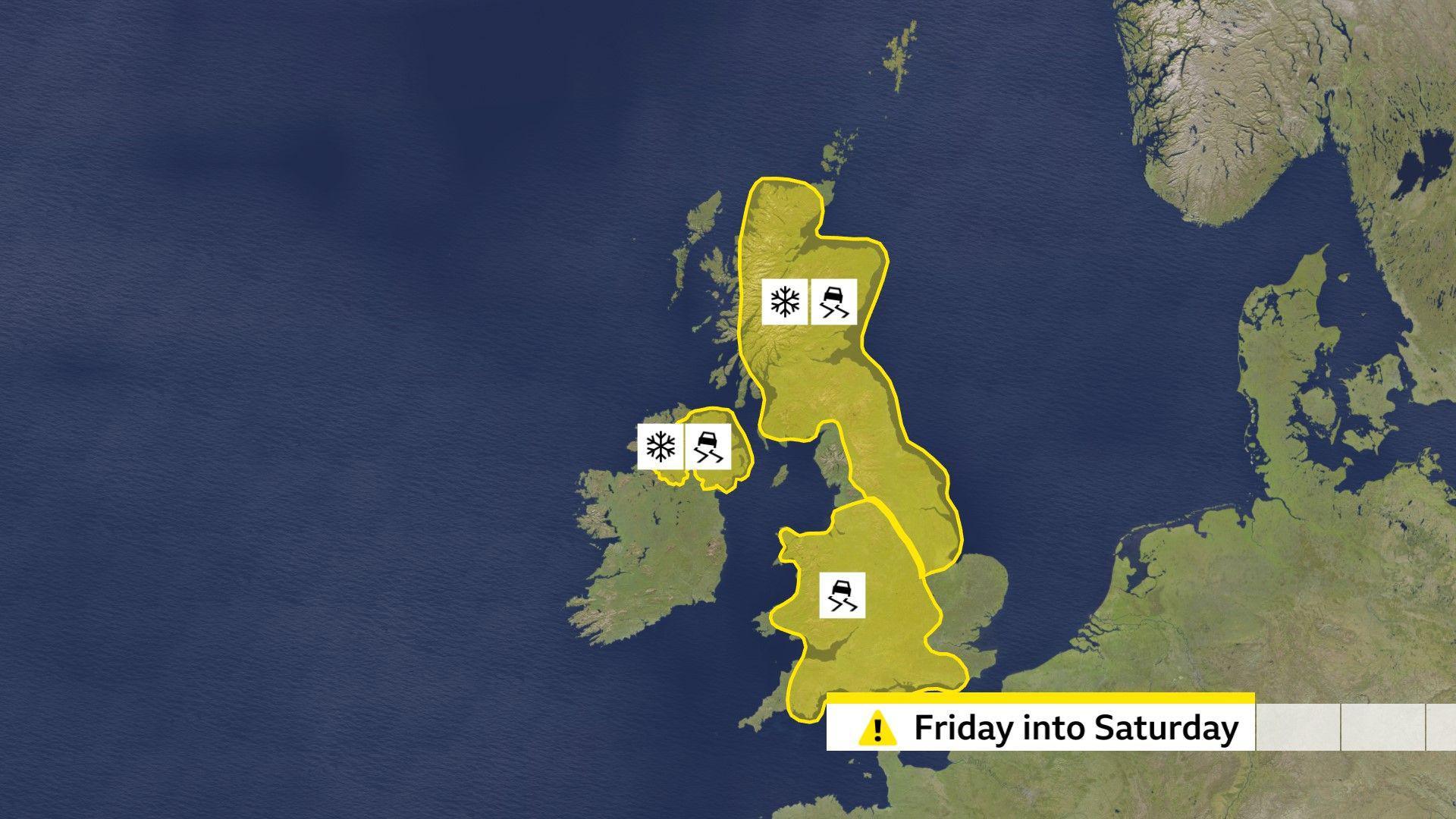 A map of the UK showing yellow weather warnings from Friday into Saturday. An ice warning covers parts of Wales, midlands and south west England. Snow and ice warnings are in place for Northern Ireland, Scotland and north of England and midlands.
