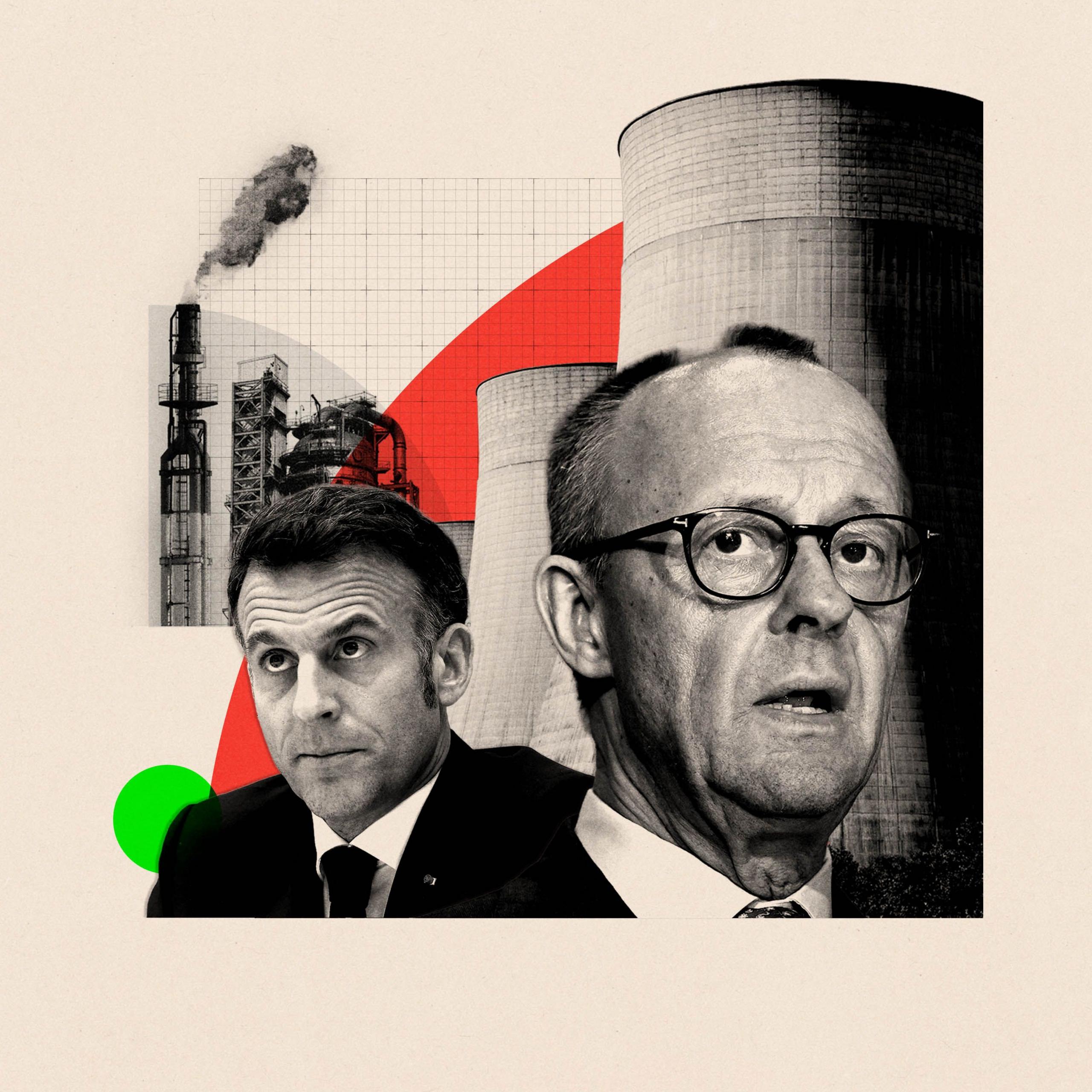 A montage image of French President Emmanuel Macron, German Chancellor Friedrich Merz and in the background a surface level view of a working coal power station in England and an oil refinery in Mumbai