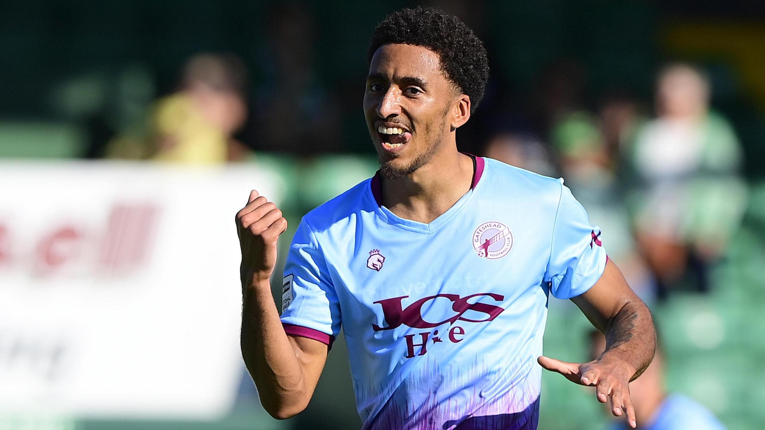 Kain Adom celebrates scoring a late winner for Gateshead at Yeovil in August