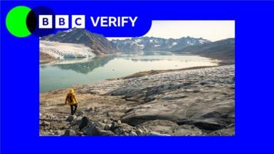 A composite image showing a moutainous scene in Greenland next to the blue, green and white BBC Verify logo in the top left corner.