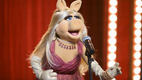 Miss Piggy in a pink dress and lots of jewellry and long blonde hair singing into a microphone