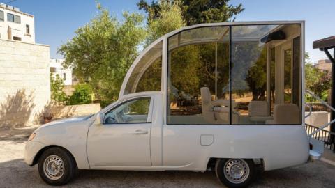 The Vehicle of Hope, a popemobile converted into a mobile clinic, in Bethlehem, in the occupied West Bank