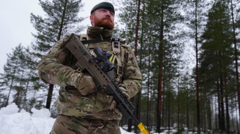 Corporal Chris Rowland, 35, from Seaham County Durham from 3 Rifles in Finland as British soldiers train during a major exercise on NATO's border with Russia.