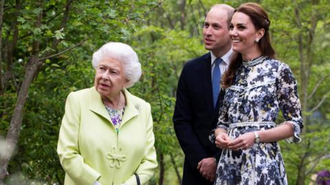 Queen Elizabeth II, wearing a lime green coat, looks off to the side of the camera, as William and Catherine, both smiling, follow her gaze. They are standing in a garden.