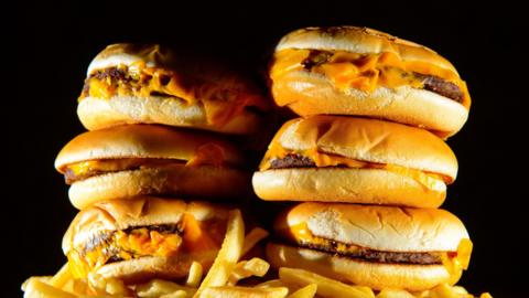 A stack of six cheeseburgers is piled on top of a portion of chips against a black backdrop.