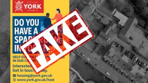 A fake advert appealing for people for spare rooms in York to contact the city council. The image has FAKE in red lettering on top.