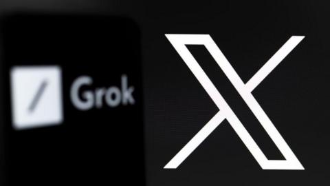 The white logo for social media platform X against a black background and in front of the Grok logo.