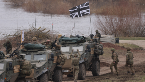British troops in Foxhound vehicles arrive after crossing of the Vistula River as part of the NATO Dragon 24 military exercise in Poland