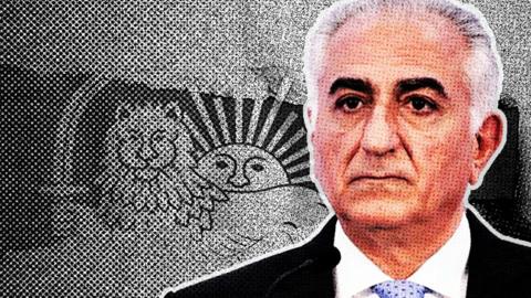 Iranian opposition leader and son of the last Shah of Iran, Reza Pahlavi's portrait superimposed on a lion and sun emblem featuring on the historical flag of Iran