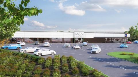A CGI of how the M&S Foodhall will look. The long white building includes signs for M&S and Aldi. A large car park is placed outside the building.