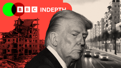 (Left) Ruins of buildings in Gaza; (centre) Donald Trump; (right) Phoenix plan to rebuild Gaza