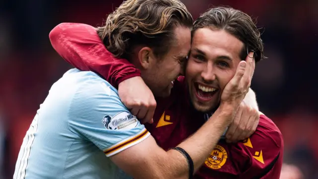 Motherwell's Elliot Watt (L) and Lukas Fadinger (R) celebrate