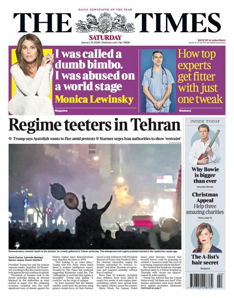 The headline on the front page of the Times reads: “Regime teeters in Tehran”. The headline on the front page of the Sun reads: “Clearing the heir”.
