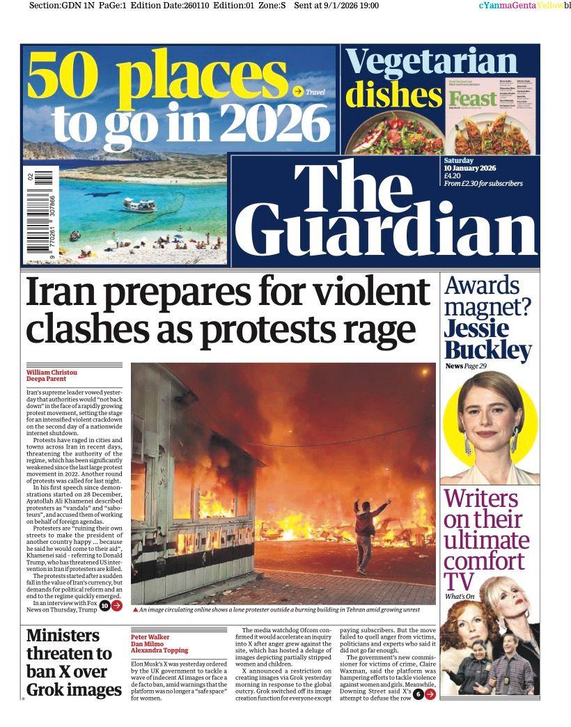The headline on the front page of the Guardian reads: “Iran prepares for violent clashes as protests rage".